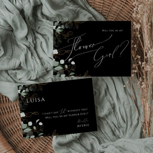 Whimsical Greenery Black en Gold Bloemenmeisje Kaa Kaart