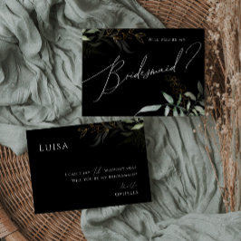 Whimsical Greenery Black en Gold Bridesmaid Kaart
