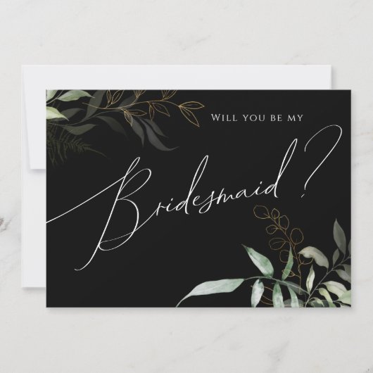Whimsical Greenery Black en Gold Bridesmaid Kaart (Voorkant)