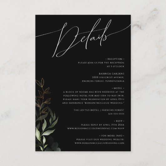 Whimsical Greenery Black en Gold Details Informatiekaartje (Voorkant)