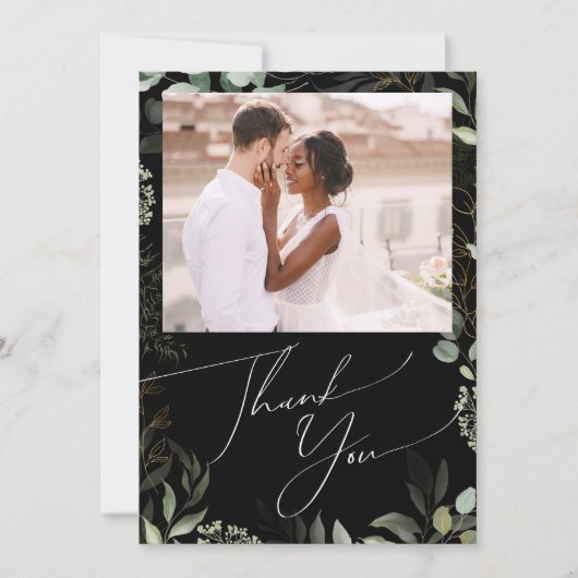 Whimsical Greenery Black en Gold Flat Photo Bedankkaart (Voorkant)
