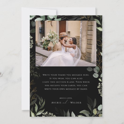 Whimsical Greenery Black en Gold Flat Photo Bedankkaart (Achterkant)