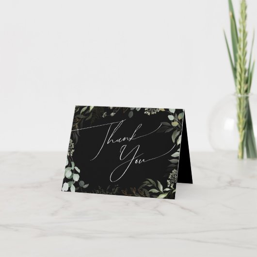 Whimsical Greenery Black en Gold Folded Bedankkaart (Voorkant)
