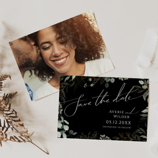 Whimsical Greenery Black en Gold Horizontal Photo Save The Date