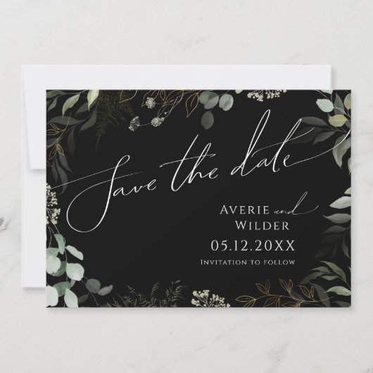 Whimsical Greenery Black en Gold Horizontal Photo Save The Date (Voorkant)