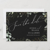 Whimsical Greenery Black en Gold Horizontal Save The Date (Voorkant)