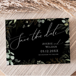 Whimsical Greenery Black en Gold Horizontal Save The Date