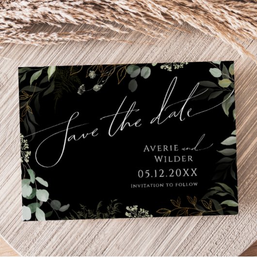 Whimsical Greenery Black en Gold Horizontal Save The Date