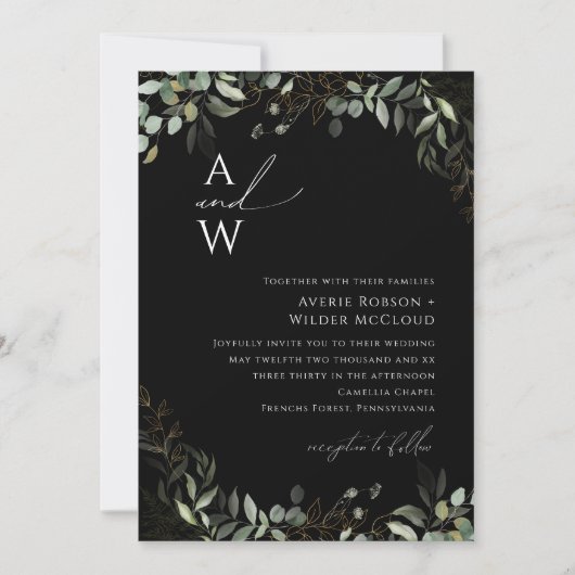 Whimsical Greenery Black en Gold Monogram Wedding Kaart (Voorkant)
