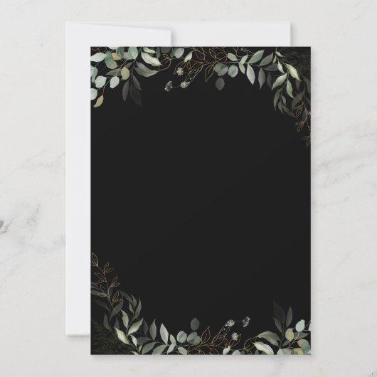 Whimsical Greenery Black en Gold Monogram Wedding Kaart (Achterkant)