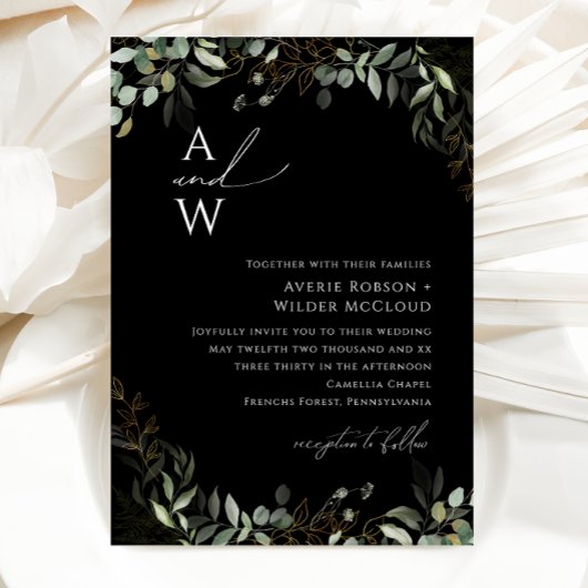 Whimsical Greenery Black en Gold Monogram Wedding Kaart