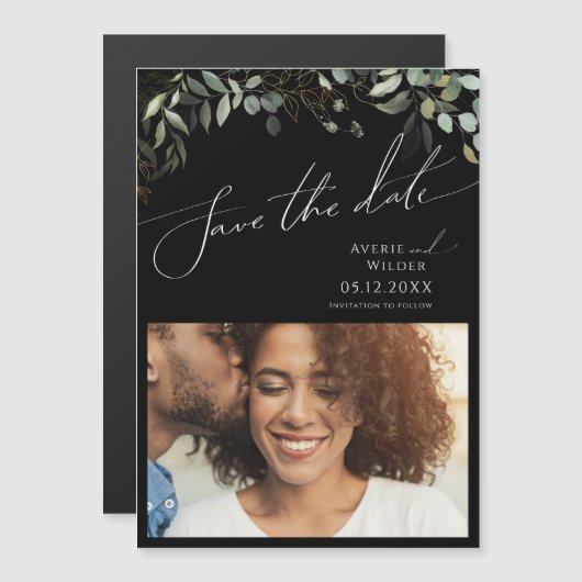 Whimsical Greenery Black en Gold Save the Date Magnetische Uitnodiging (Voorkant / Achterkant)