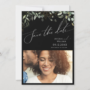 Whimsical Greenery Black en Gold Save the Date Magnetische Uitnodiging