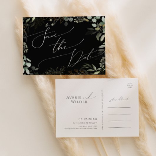 Whimsical Greenery Black en Gold Save the Date Uitnodiging Briefkaart