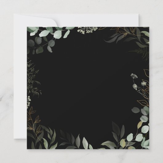 Whimsical Greenery Black en Gold Square Wedding Kaart (Achterkant)
