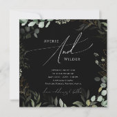 Whimsical Greenery Black en Gold Square Wedding Kaart (Voorkant)