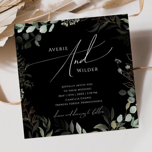 Whimsical Greenery Black en Gold Square Wedding Kaart