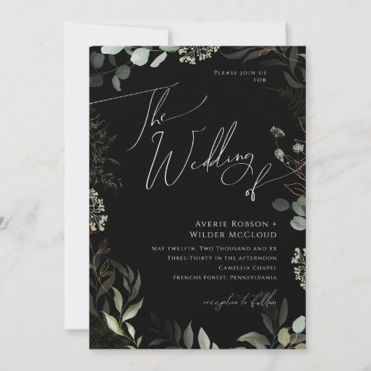 Whimsical Greenery Black en Gold The Wedding of Kaart (Voorkant)