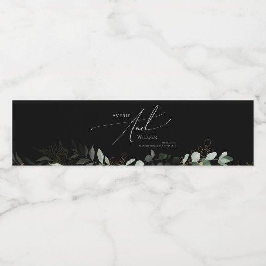 Whimsical Greenery Black en Gold | Waterfles Etiket (Enkel label)