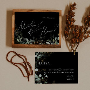 Whimsical Greenery Black Gold Matron of Honor Kaar Kaart