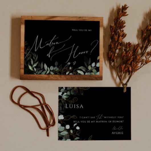 Whimsical Greenery Black Gold Matron of Honor Kaar Kaart
