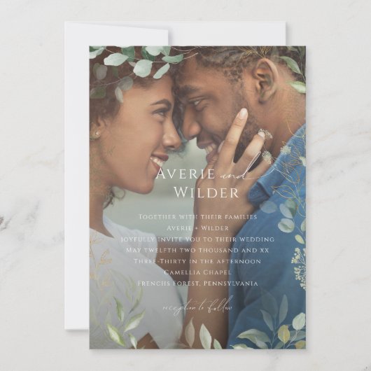 Whimsical Greenery Black Gold Photo Lijst Wedding Kaart (Voorkant)