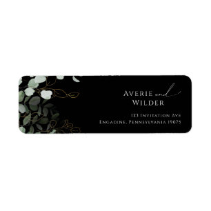 Whimsical Greenery Black Gold Return Address Label