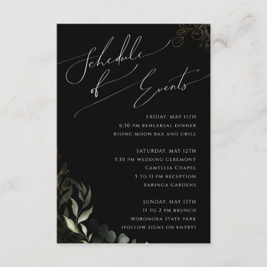 Whimsical Greenery Black & Gold Schedule of Events Informatiekaartje (Voorkant)