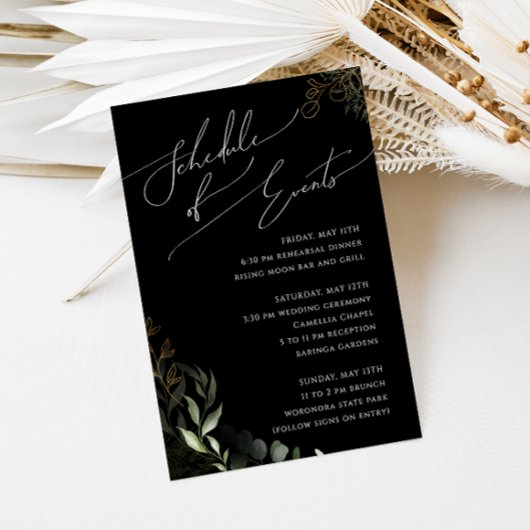 Whimsical Greenery Black & Gold Schedule of Events Informatiekaartje