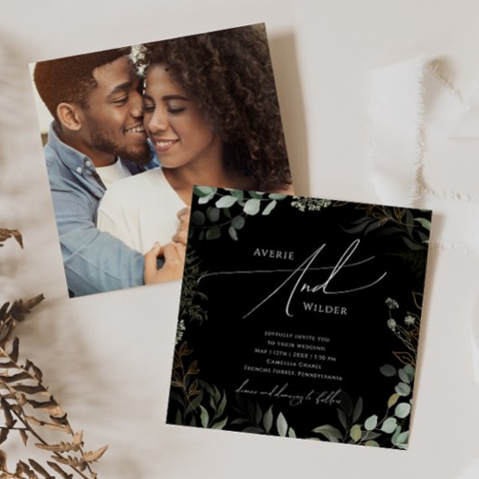 Whimsical Greenery Black Gold Square Photo Weddens Kaart