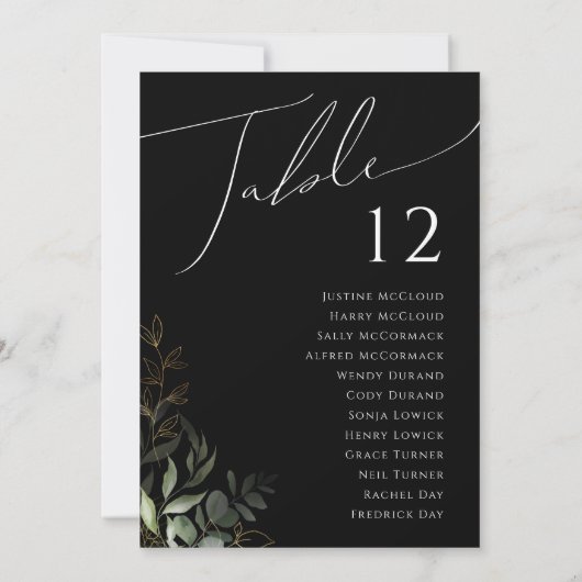Whimsical Greenery Black & Gold Table Number Chart (Achterkant)