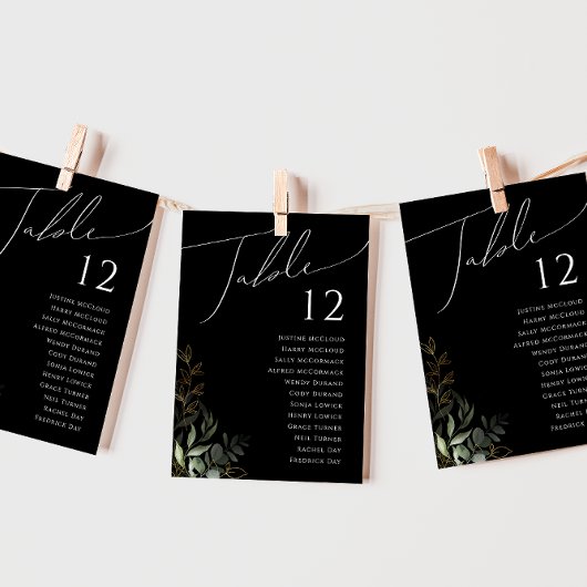 Whimsical Greenery Black & Gold Table Number Chart