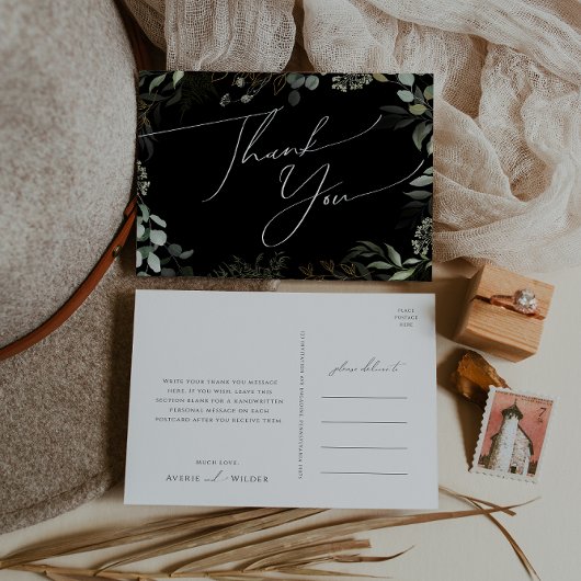 Whimsical Greenery Black Gold Weddenschap Hartelij Briefkaart