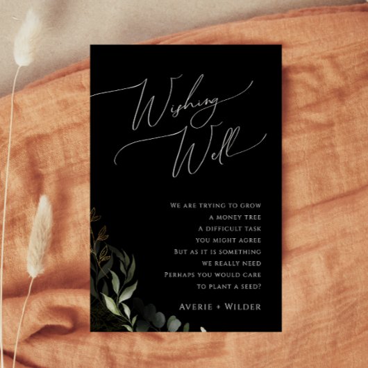 Whimsical Greenery Black Gold Wedding Wishing Well Informatiekaartje
