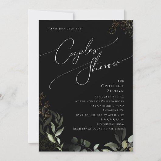 Whimsical Greenery en Gold | Black Couples Shower Kaart (Voorkant)