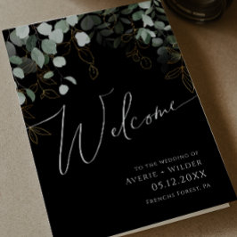 Whimsical Greenery en Gold | Black Folded Wedding Programma
