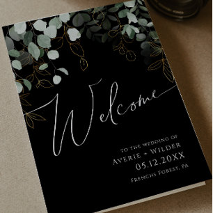 Whimsical Greenery en Gold Black Folded Wedding Programma