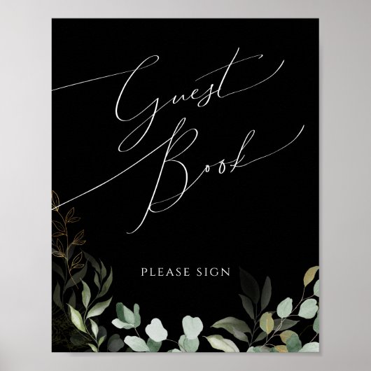 Whimsical Greenery en Gold Black Guest Book Sign Poster (Voorkant)