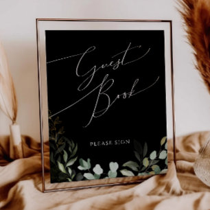Whimsical Greenery en Gold Black Guest Book Sign Poster