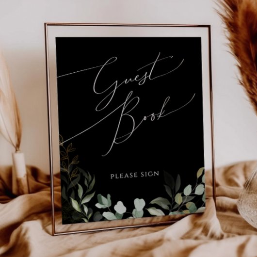 Whimsical Greenery en Gold Black Guest Book Sign Poster