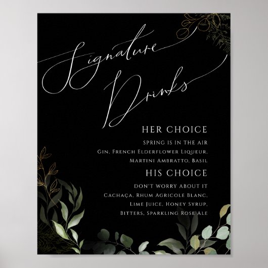 Whimsical Greenery en Gold Black Signature Drinken Poster (Voorkant)