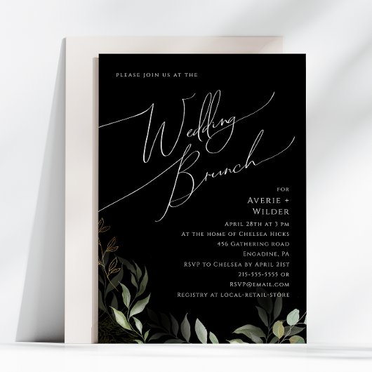 Whimsical Greenery en Gold | Black Wedding Brunch Kaart
