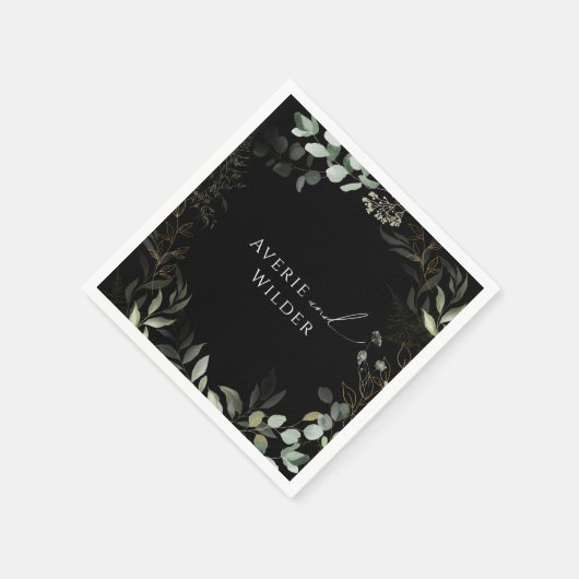 Whimsical Greenery en Gold Black Wedding Napkins Servet (Hoek)