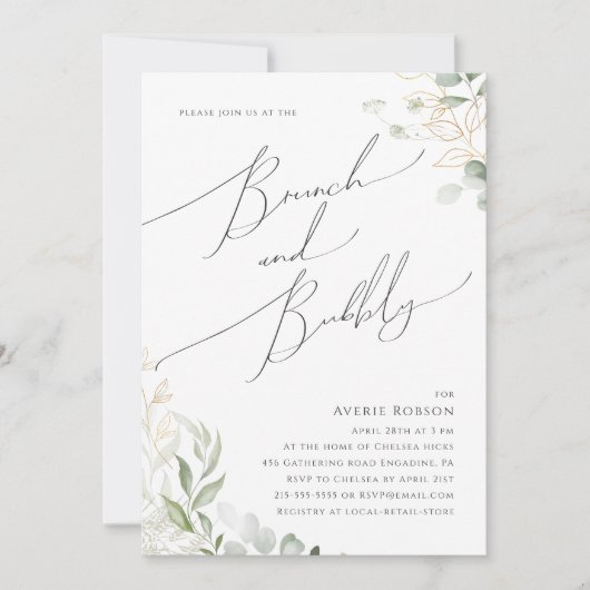 Whimsical Greenery en Gold | Brunch en Bubble Kaart (Voorkant)