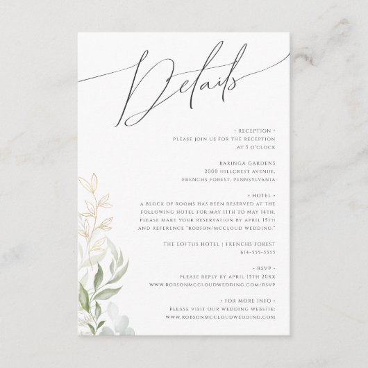 Whimsical Greenery en Gold Details Informatiekaartje (Voorkant)