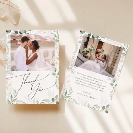 Whimsical Greenery en Gold Flat Photo Bedankkaart