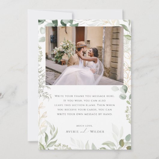 Whimsical Greenery en Gold Flat Photo Bedankkaart (Achterkant)