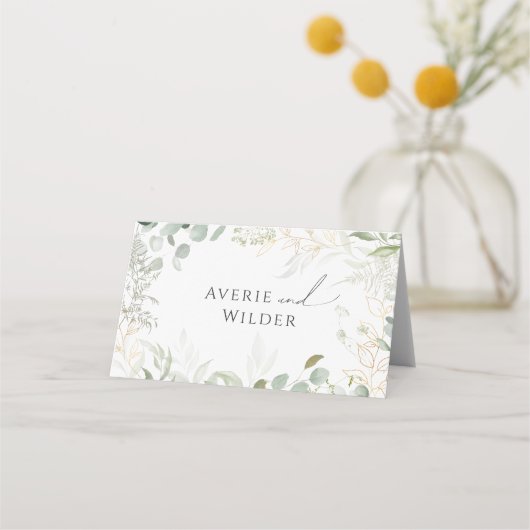 Whimsical Greenery en Gold | Folded Wedding Plaatskaartje (Achterkant)
