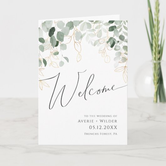 Whimsical Greenery en Gold | Folded Wedding Programma (Voorkant)