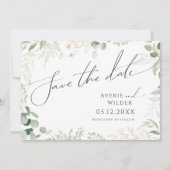 Whimsical Greenery en Gold Horizontal Photo Save The Date (Voorkant)